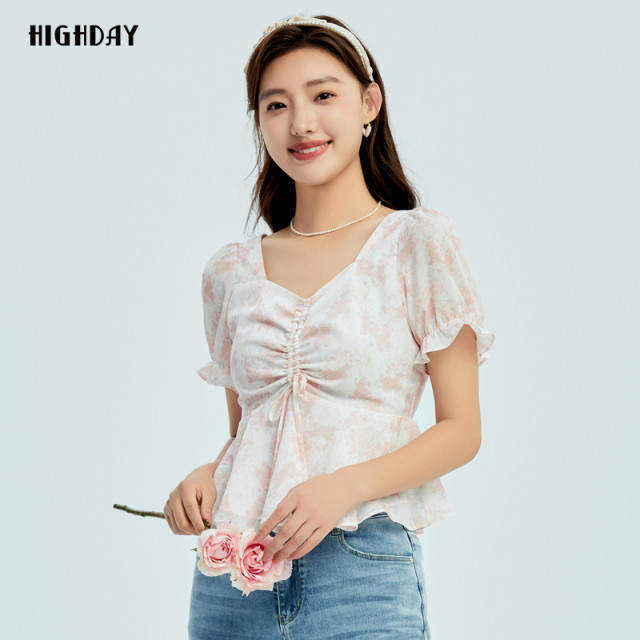Highday Xuanri 2024 summer new printed slim puff sleeve top for women ruffle short-sleeved shirt ins