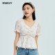 Highday Xuanri 2024 summer new printed slim puff sleeve top for women ruffle short-sleeved shirt ins