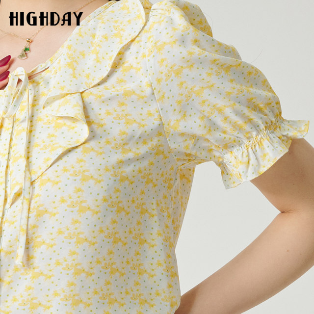 Highday Xuanri 2024 summer new printed ruffle puff sleeve shirt for women sweet short sleeve lace-up shirt