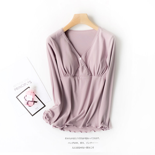 With chest pad, German velvet pregnant women's warm nursing long-sleeved autumn coat bottoming shirt plus velvet autumn and winter nursing inner T-shirt