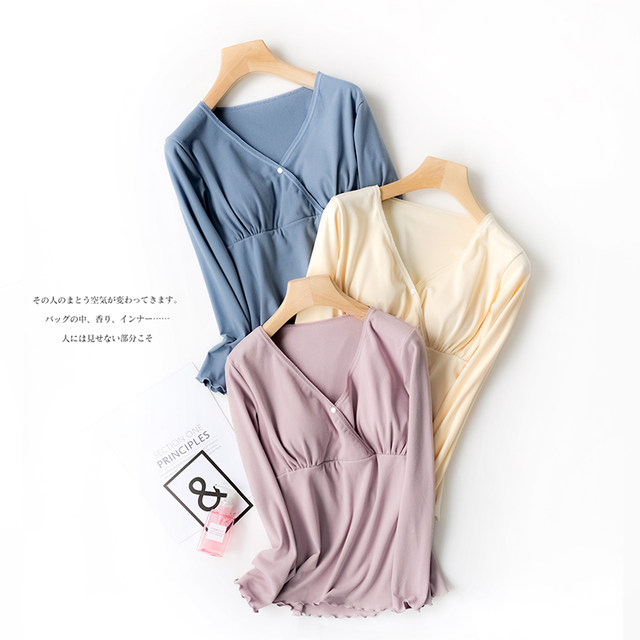 With chest pad, German velvet pregnant women's warm nursing long-sleeved autumn coat bottoming shirt plus velvet autumn and winter nursing inner T-shirt