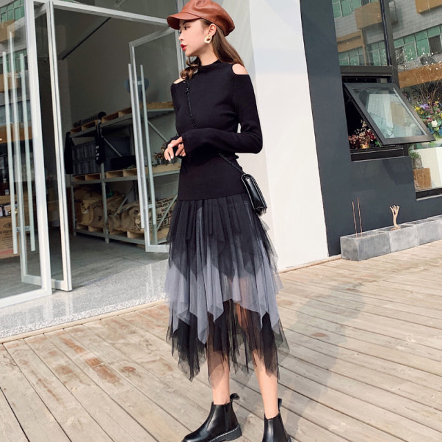 
New mesh skirt for women in autumn and winter, spring and autumn, mid-length irregular high-waisted bottoming, black half-body long skirt