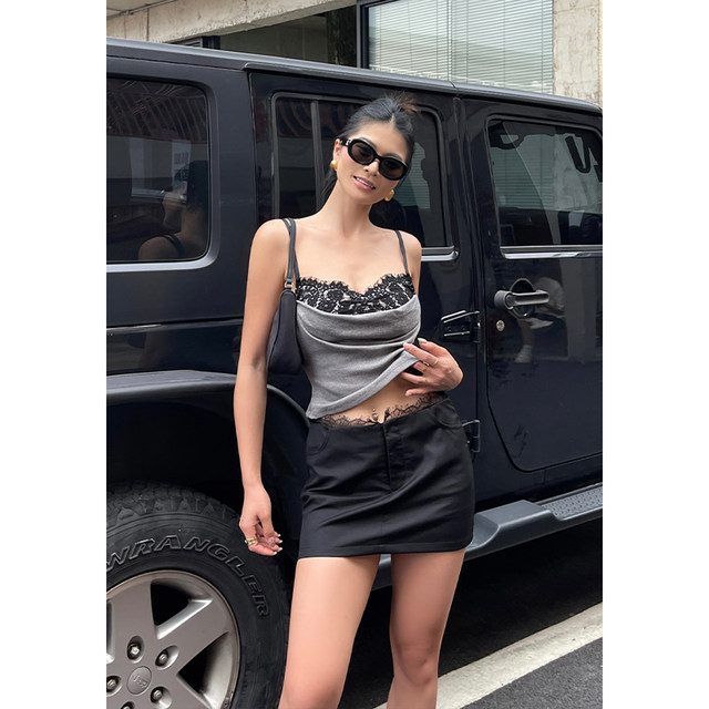 Iya sexy hot girl lace spliced ​​small vest for women in summer new waistband to look slim and thin shoulder strap top