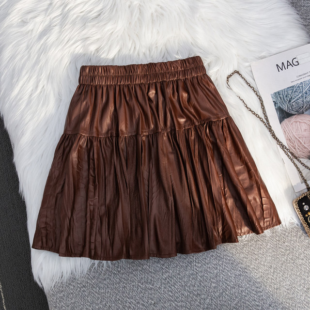 Hot Girl Wind Bow Retro Pu Pippen Skirt Female Autumn New high -waisted pleated folds A -line skirt