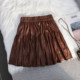 Hot Girl Wind Bow Retro Pu Pippen Skirt Female Autumn New high -waisted pleated folds A -line skirt