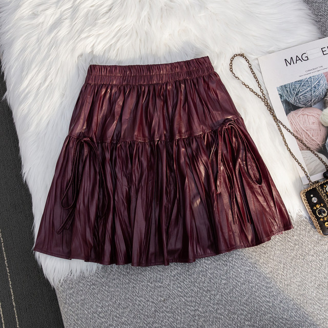 Hot Girl Wind Bow Retro Pu Pippen Skirt Female Autumn New high -waisted pleated folds A -line skirt