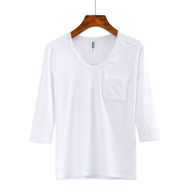 Spring and autumn new Korean version of the round collar slim mid -sleeved pocket decoration seven -point sleeve pure white pure color simplicity T -shirt
