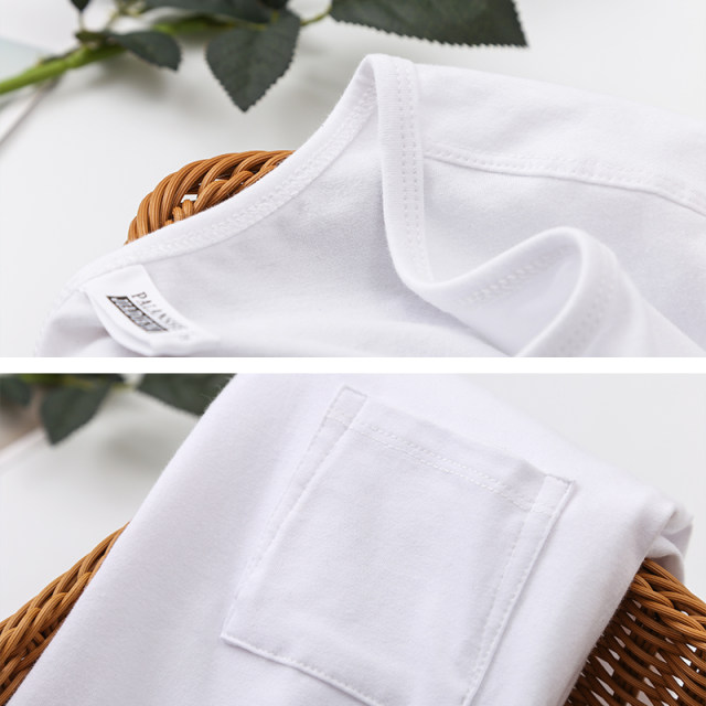 Spring and autumn new Korean version of the round collar slim mid -sleeved pocket decoration seven -point sleeve pure white pure color simplicity T -shirt
