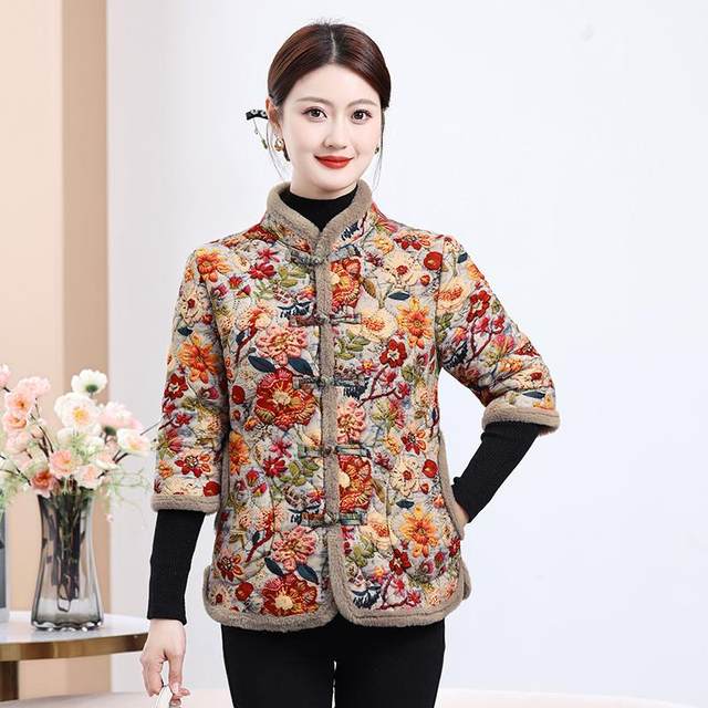 Middle-aged and elderly mothers autumn and winter new style medium-sleeved velvet thickened flower cotton coat women's short stand-up collar thickened half-sleeved vest