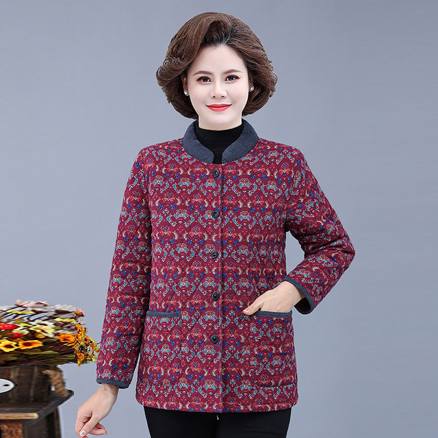 Mother's pure cotton quilted thickened cotton jacket with small stand-up collar, lightweight, middle-aged and elderly autumn and winter small flower cotton-padded jacket, loose inside and outside