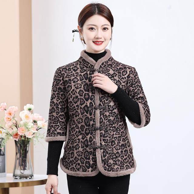 Middle-aged and elderly mothers autumn and winter new style medium-sleeved velvet thickened flower cotton coat women's short stand-up collar thickened half-sleeved vest