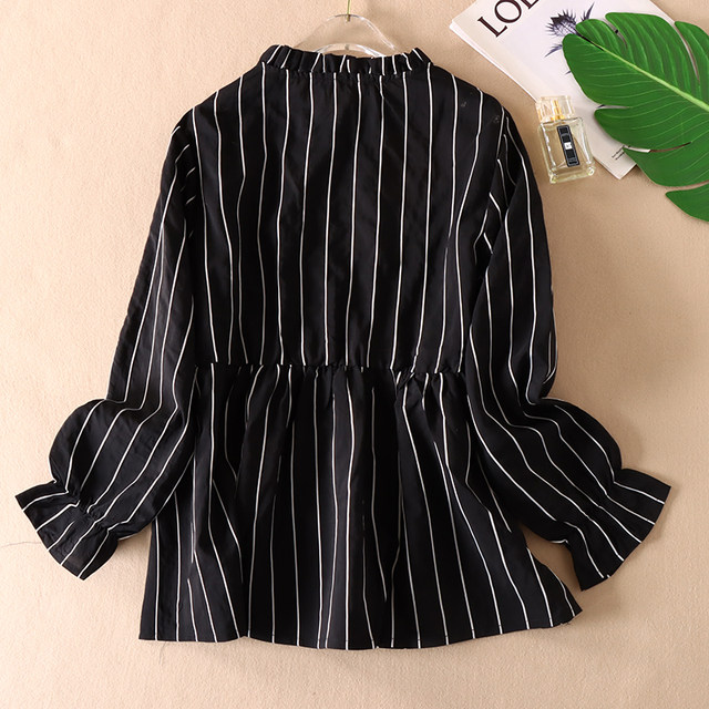 Spring wear Korean version commuting black vertical striped shirt for women lace collar mid-length pleated high waist top WC3044
