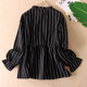 Spring wear Korean version commuting black vertical striped shirt for women lace collar mid-length pleated high waist top WC3044
