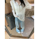 CHICHEN-MI style Tennis wool base T-Henry collar light green long-sleeved base T-shirt