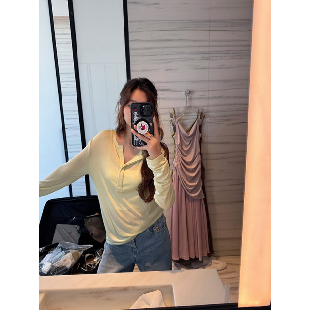 CHICHEN-MI style Tennis wool base T-Henry collar light green long-sleeved base T-shirt