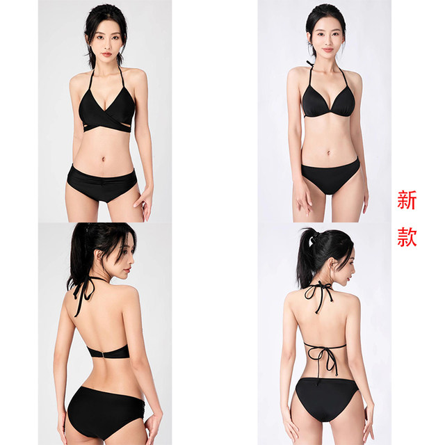 Women's Standard Art Exam Swimsuit Set Solid Color Tight Briefs Pure Black No LOGO Bikini Slim Halter