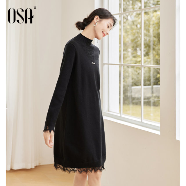 OSA half-high collar lace dress 2024 new women's high-end gold-feel autumn and winter bottoming skirt