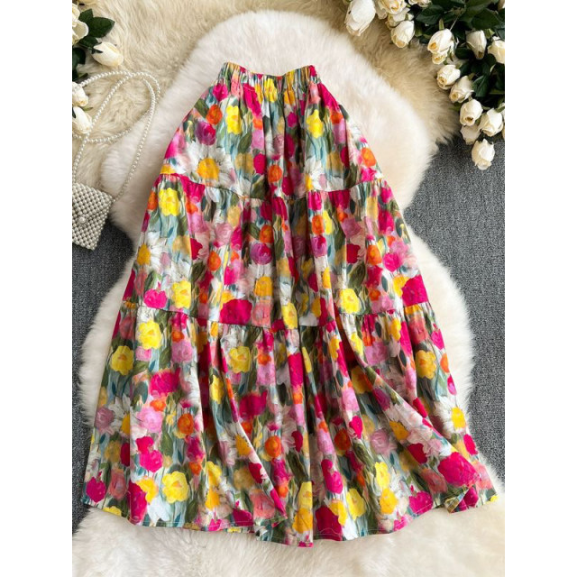Oil painting printed skirt French retro niche design high waist fluffy skirt colorful mid-length floral skirt
