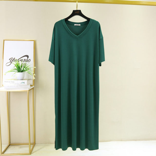 Ice silk V-neck short-sleeved dress for women in summer thin loose nightgown large size slim casual skirt slit base skirt