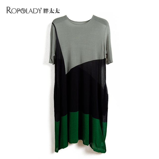 Fat lady large size women's clothing spring and summer new style splicing pattern five-point sleeve knitted thin dress 418119140