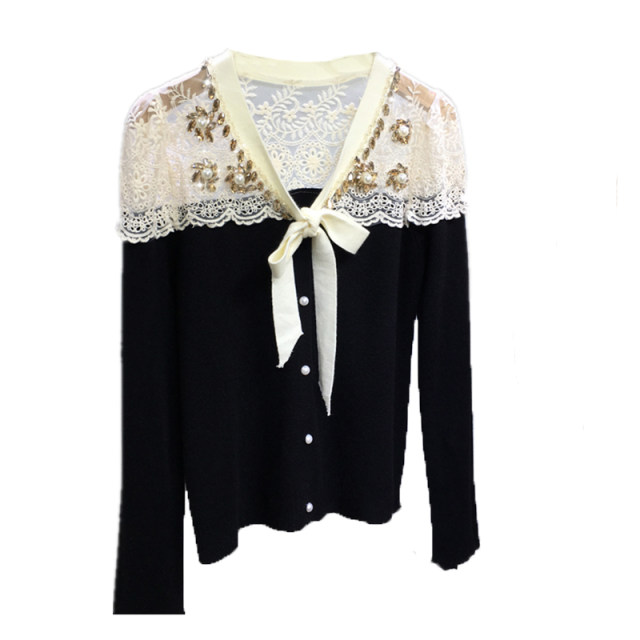 European Heavy Industry Beaded Sweater Small Flavor V-neck Strap Knit Sweater Autumn and Winter French Knit Top Long Sleeve Glitter