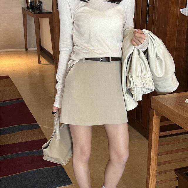 Black belt skirt for women 2025 spring new high-waisted slimming one-step skirt A-line skirt suit pocket skirt
