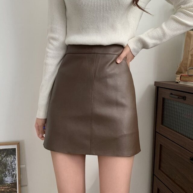 Black a-line skirt, small leather skirt, skirt for women, autumn versatile slim-fitting hip-hugging slimming one-step skirt pu leather short skirt