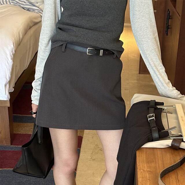 Black belt skirt for women 2025 spring new high-waisted slimming one-step skirt A-line skirt suit pocket skirt