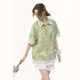 ziziFei summer American design plaid spliced ​​lace hem top green plaid short-sleeved shirt for women
