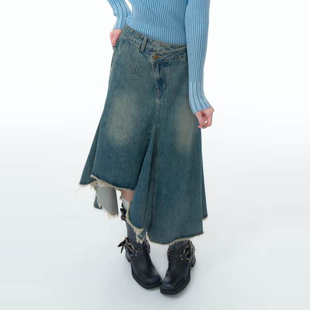 ziziFei American style irregular skirt mid-length high-waisted slim blue denim skirt for women
