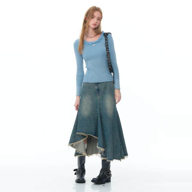 ziziFei American style irregular skirt mid-length high-waisted slim blue denim skirt for women
