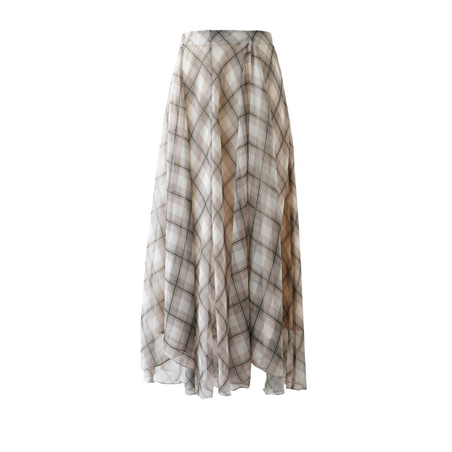 Gentle and light draped slim plaid skirt for women's summer thin casual and versatile asymmetrical large skirt long skirt
