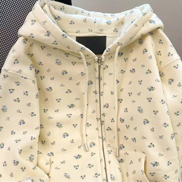Korean chic floral sweet sweatshirt coat for women's autumn new loose lazy style casual hooded cardigan top
