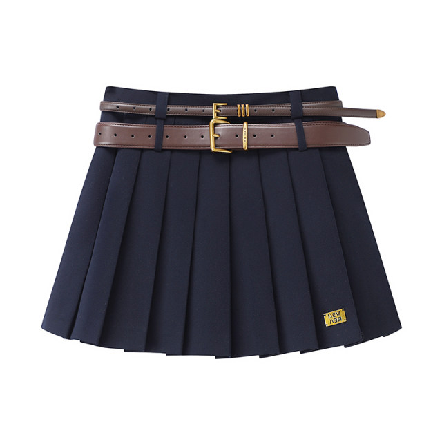 Meng Jia's same style pleated skirt 2024 winter new miu style college style double belt skirt high waist short skirt for women