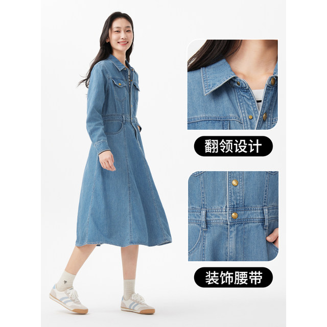 Hot air denim dress Spring 2025 new women's lapel denim long skirt American retro A-line umbrella skirt