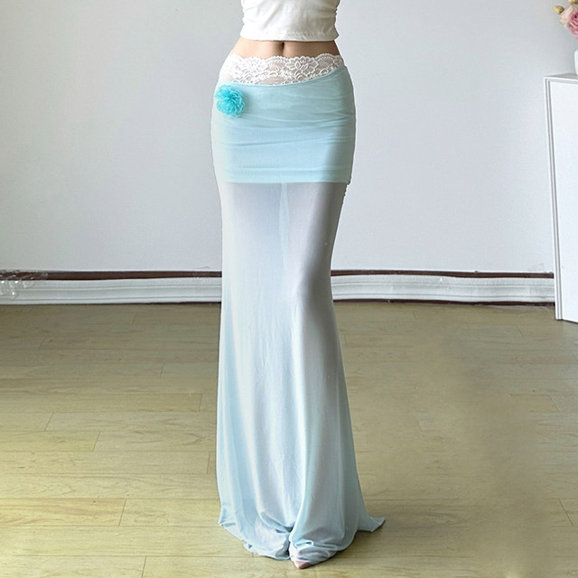ROCKMORE three-dimensional flower vacation blue mesh skirt lace spliced ​​hip-packing skirt