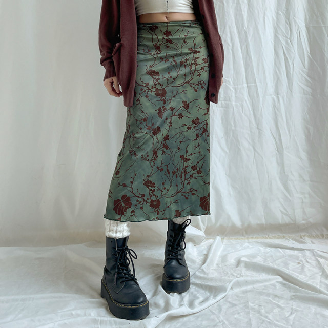 ROCKMORE retro artistic vintage printed scented skirt niche wave edge straight midi skirt
