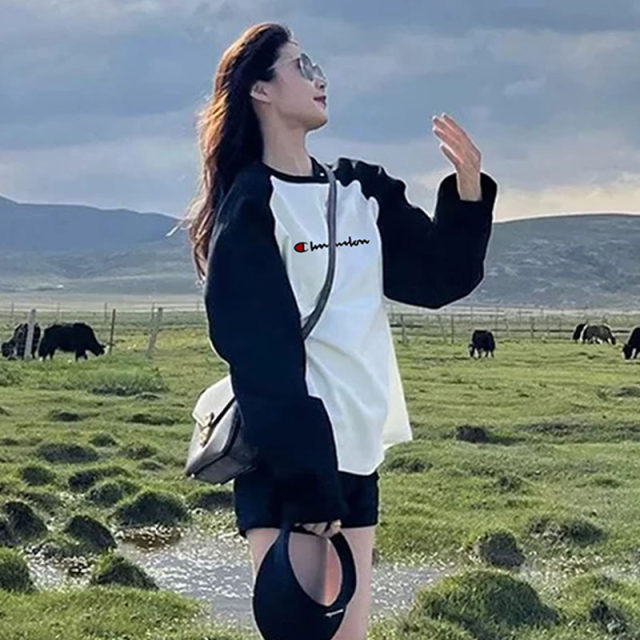 Champion Rainbow Ragnarok round neck thin long-sleeved T-shirt for women's spring pure cotton sweatshirt loose pullover splicing top trendy