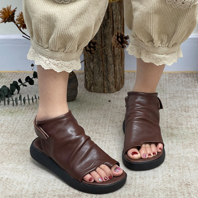 Retro thick -bottomed female sandals new summer leather women's shoes handmade low -heeled soft bottom high -top high -top Roman boots tide