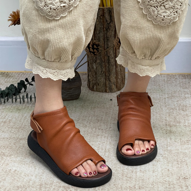 Retro thick -bottomed female sandals new summer leather women's shoes handmade low -heeled soft bottom high -top high -top Roman boots tide