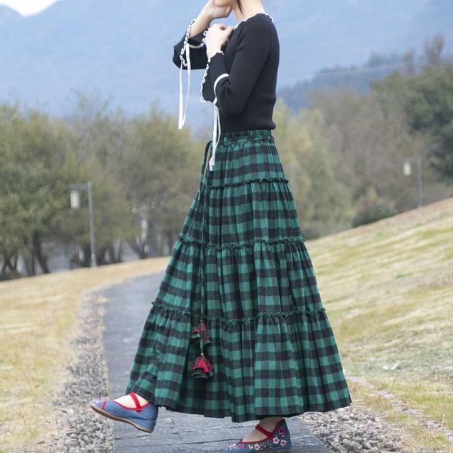 New high-waisted long skirt with cotton furry red plaid skirt lace-up square dance ethnic style skirt for women