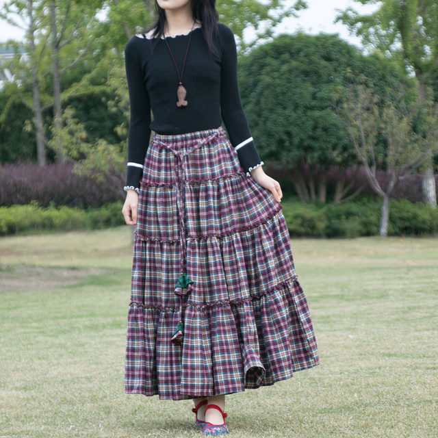 New high-waisted long skirt with cotton furry red plaid skirt lace-up square dance ethnic style skirt for women