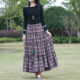 New high-waisted long skirt with cotton furry red plaid skirt lace-up square dance ethnic style skirt for women