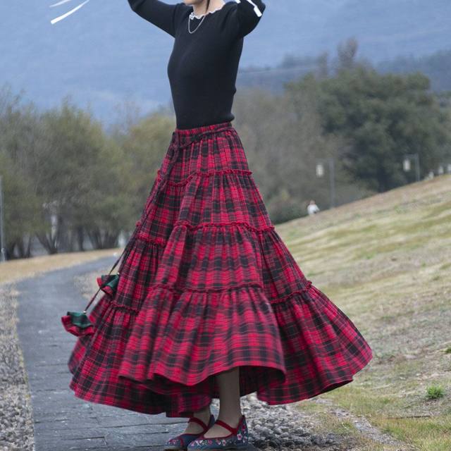 New high-waisted long skirt with cotton furry red plaid skirt lace-up square dance ethnic style skirt for women