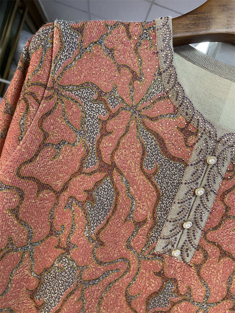 Middle-aged and elderly jacquard T-shirt mothers spring and autumn clothes large size round neck thin silk long sleeve knitted base shirt top for women