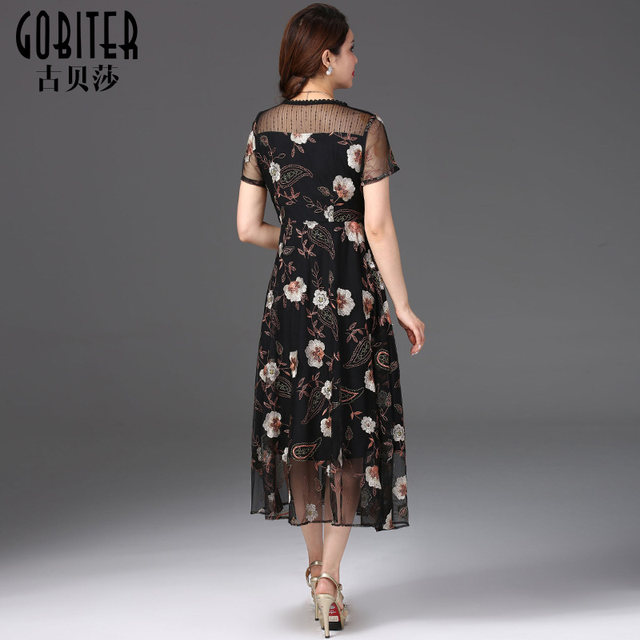 Gu Beisha summer handmade stitching fashion showing thin net gauze embroidery mother dress temperament dress long skirt
