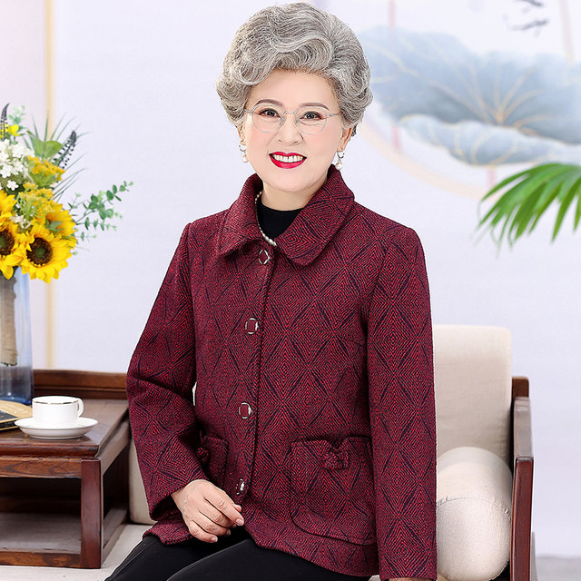 Seniors spring clothes, female grandma woolen coat, autumn clothes, old lady mother celebrates birthday, Tang Dynasty clothes