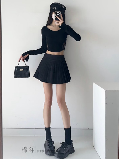 Cotton retro irregular length and short high waist pleated skirt, personalized girlish anti-exposure side zipper long-legged A-line skirt