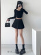 Cotton retro irregular length and short high waist pleated skirt, personalized girlish anti-exposure side zipper long-legged A-line skirt