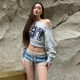 American retro digital printing shoulder long -sleeved sweater 2024 autumn and winter new hot girls are thin and versatile, oblique shoulder top